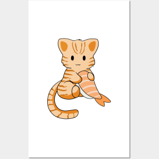 Orange Tabby Cat with Prawn Sushi Posters and Art